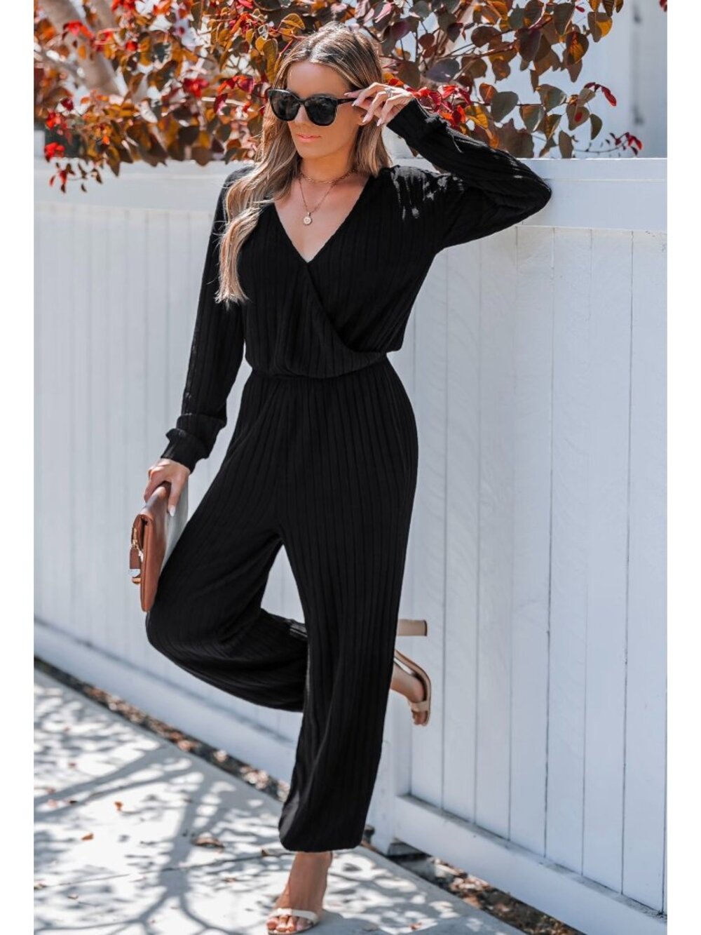 NWT Cupshe Black Ribbed Knit Long Sleeve Tapered Leg Jumpsuit - Size: Small